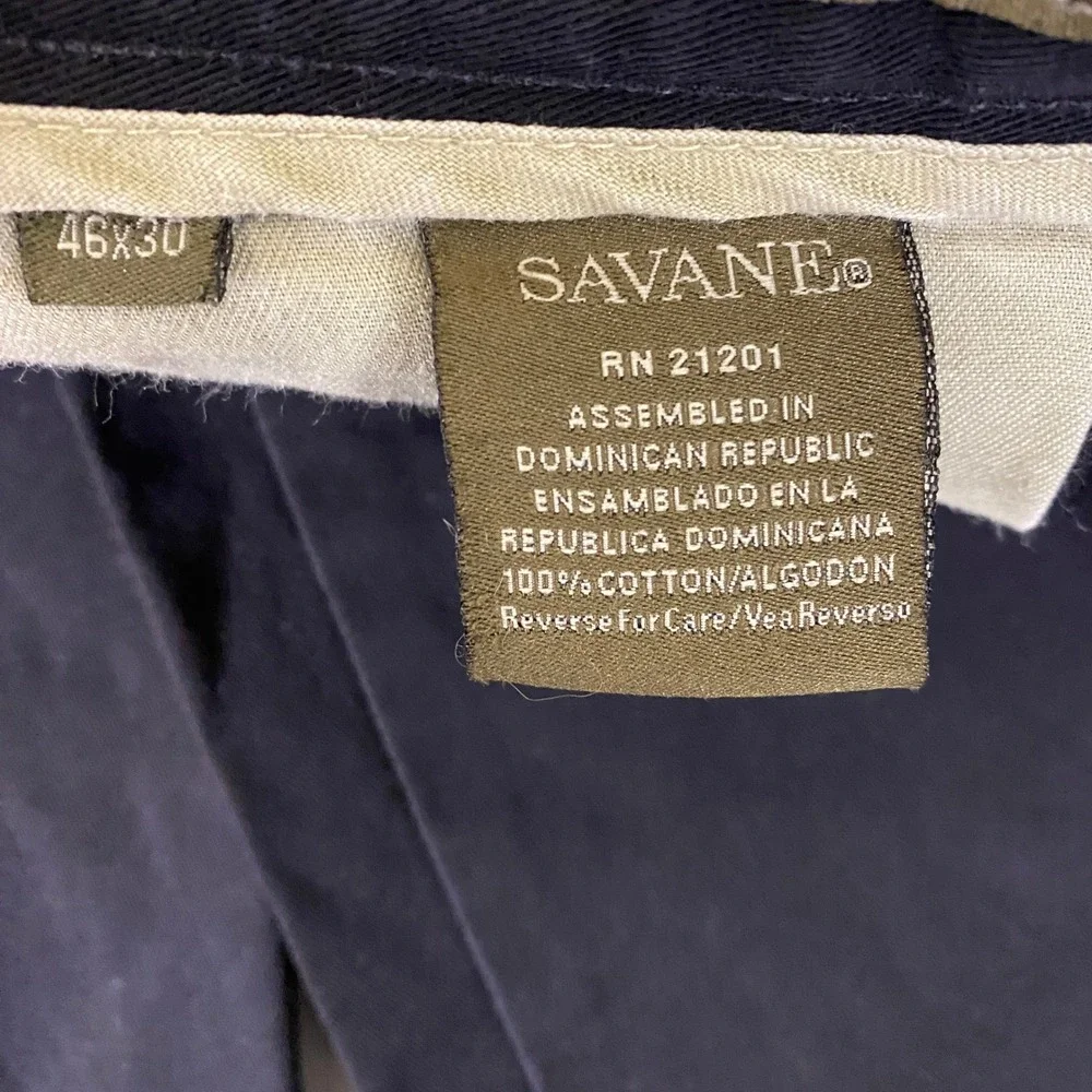 Savane Pants Men's 46x30 Relaxed‎ Fit Navy Blue Pleated Front Cotton Chino *